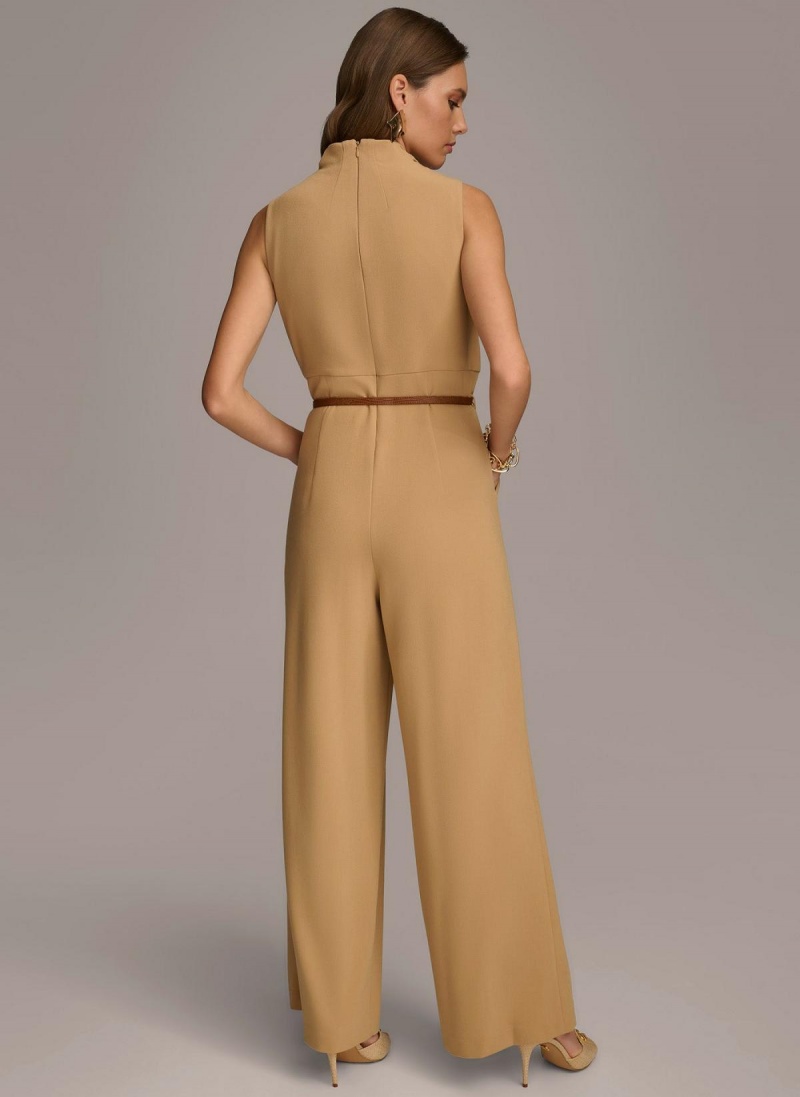 Gold Donna Karan Cowl Neck Belted With Pockets Jumpsuit | Israel_DK27253