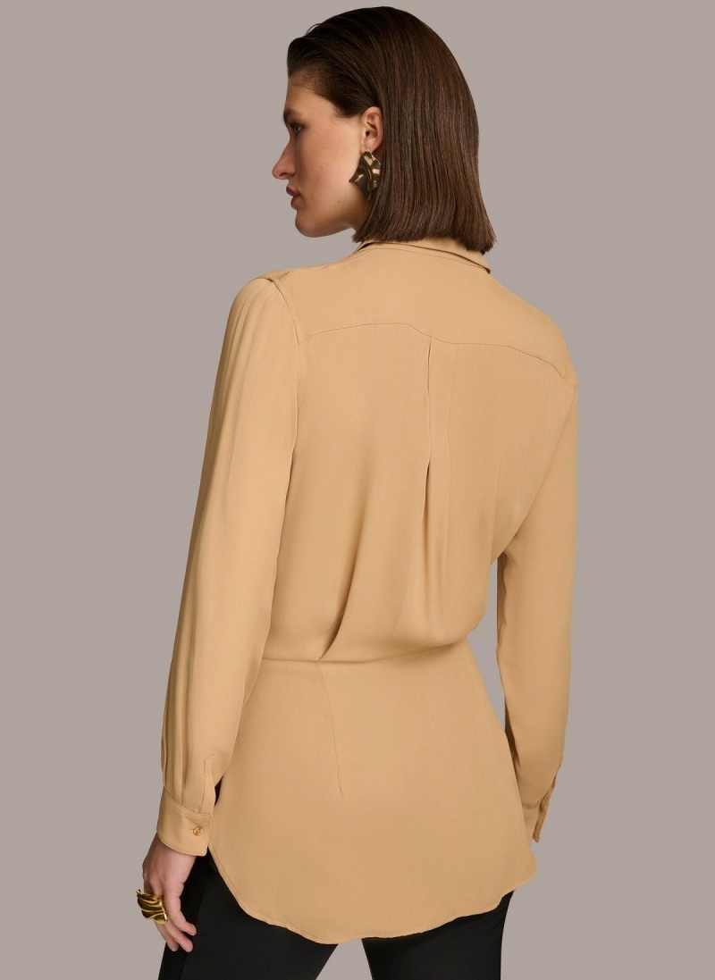 Gold Donna Karan Long Sleeve High-low With Tie At Waist Sweaters and Tops | Israel_DK98105