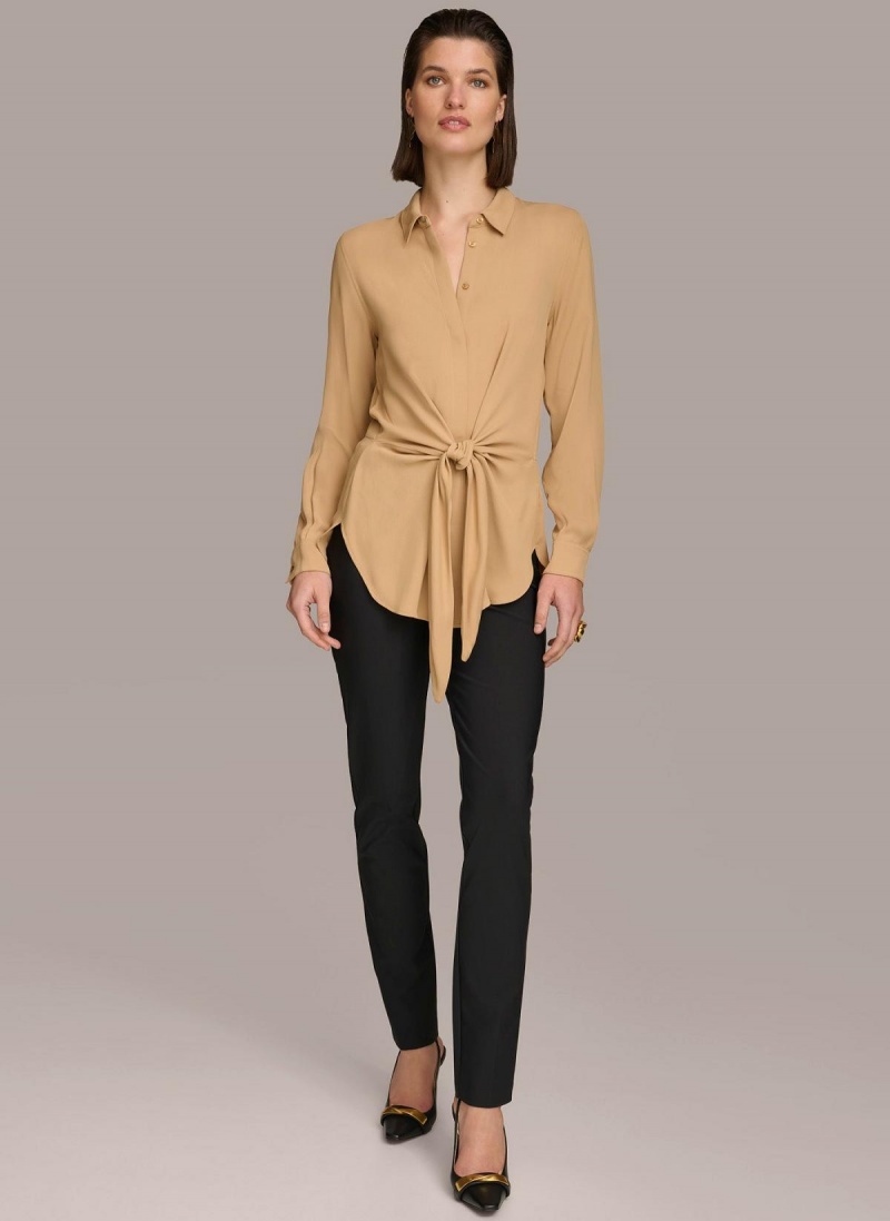 Gold Donna Karan Long Sleeve High-low With Tie At Waist Sweaters and Tops | Israel_DK98105