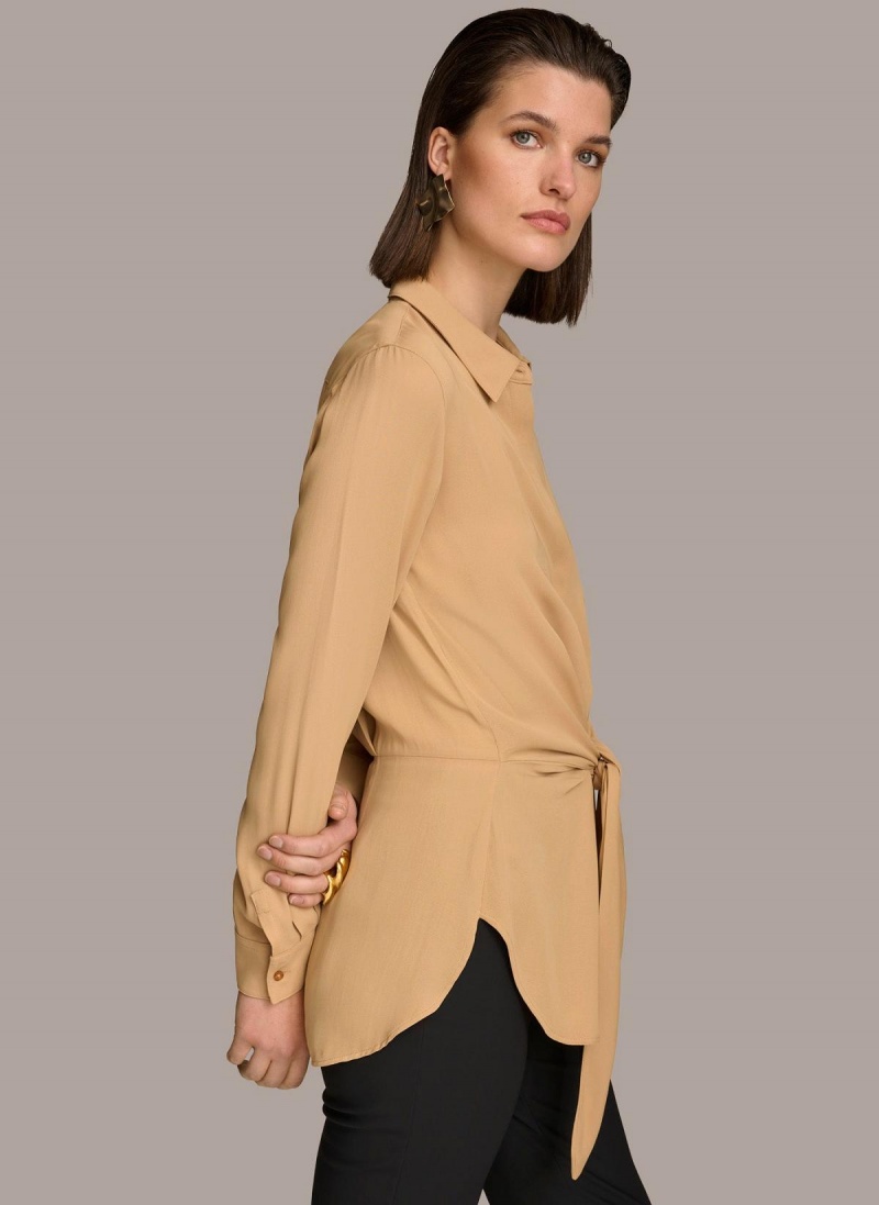 Gold Donna Karan Long Sleeve High-low With Tie At Waist Sweaters and Tops | Israel_DK98105