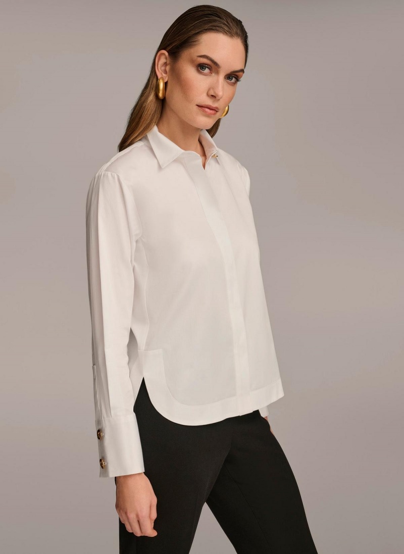 White Donna Karan Cotton Collared Button Down Sweaters and Tops | Israel_DK15060