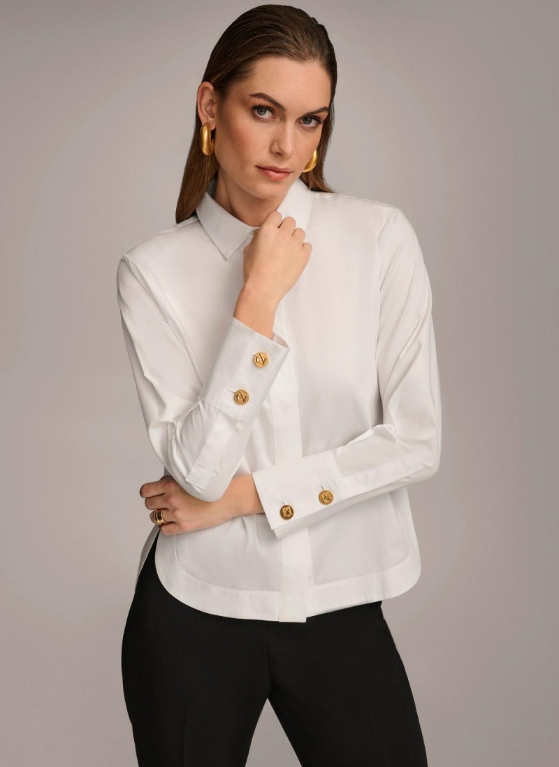 White Donna Karan Cotton Collared Button Down Sweaters and Tops | Israel_DK15060