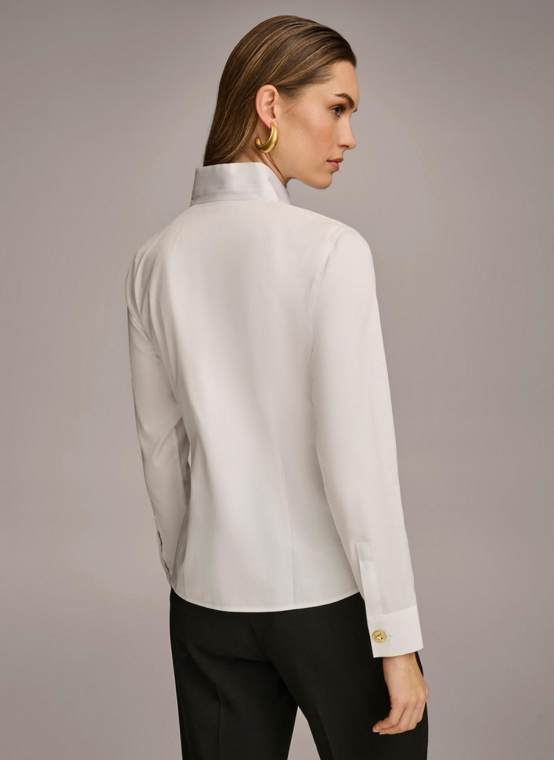 White Donna Karan Cotton Notch Collar Button Down Sweaters and Tops | Israel_DK32229