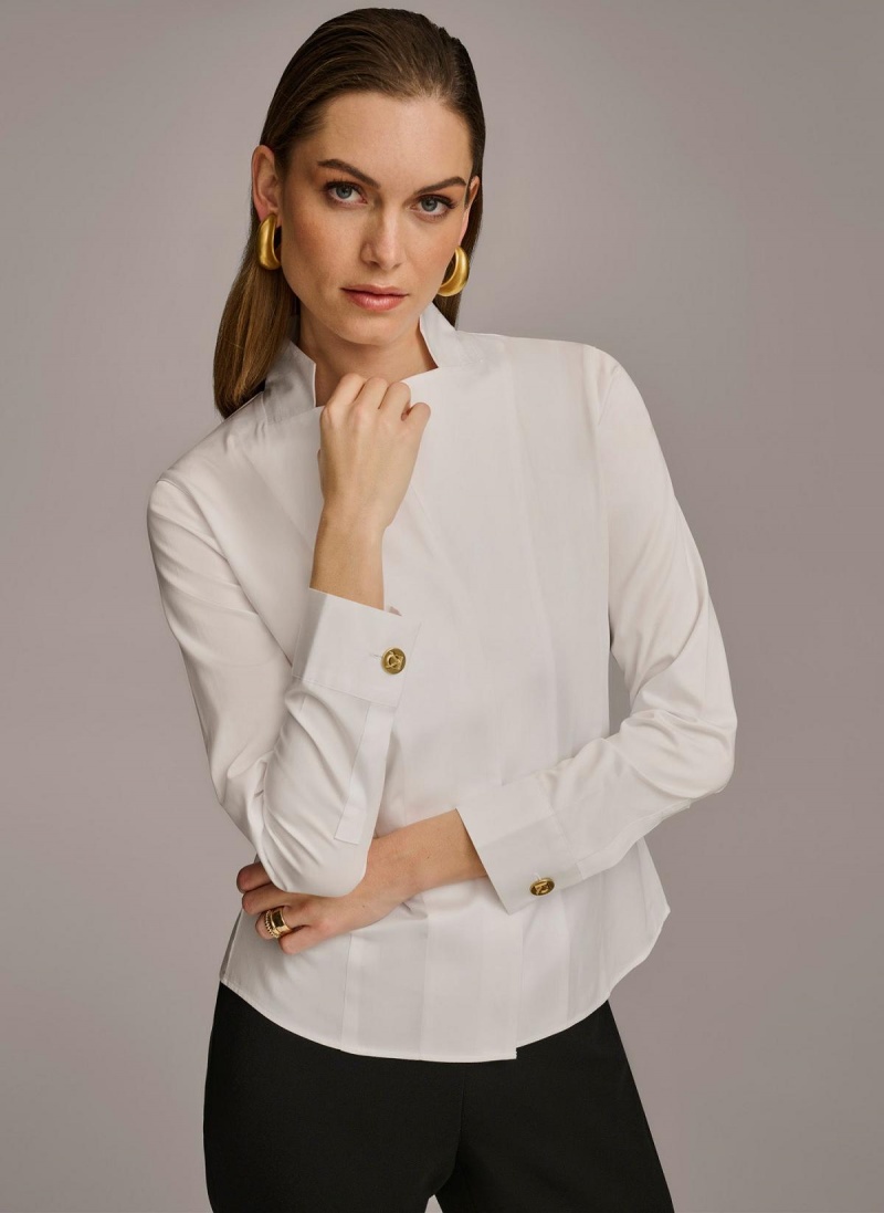 White Donna Karan Cotton Notch Collar Button Down Sweaters and Tops | Israel_DK32229