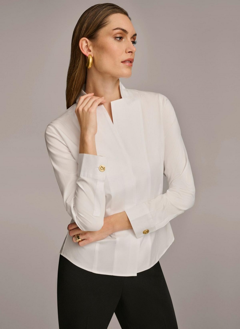 White Donna Karan Cotton Notch Collar Button Down Sweaters and Tops | Israel_DK32229