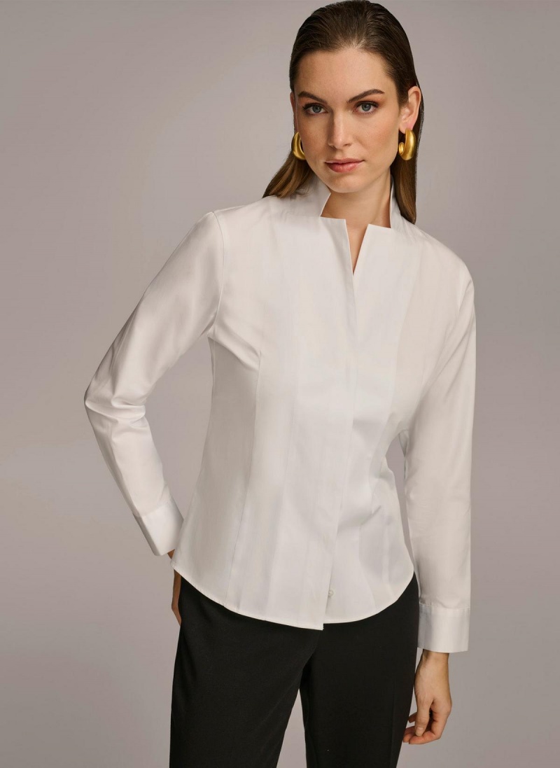 White Donna Karan Cotton Notch Collar Button Down Sweaters and Tops | Israel_DK32229